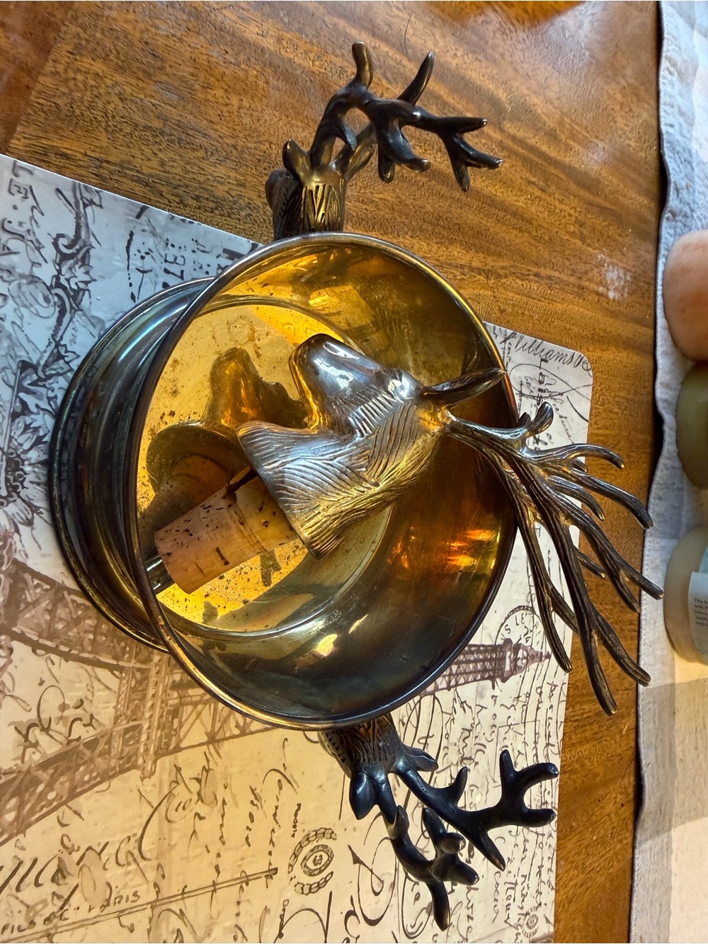 Brass Tone Deer Antler Decorative wine bottle holder and cork